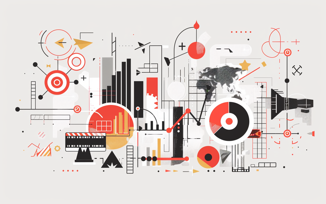 This image features a dynamic data visualization c Image of this image features a dynamic data visualization concept with abstract geometric shapes, graphs, and charts. it includes elements like bar graphs, pie charts, arrows, and global maps in a vibrant palette of red, black, and gray. this design is ideal for