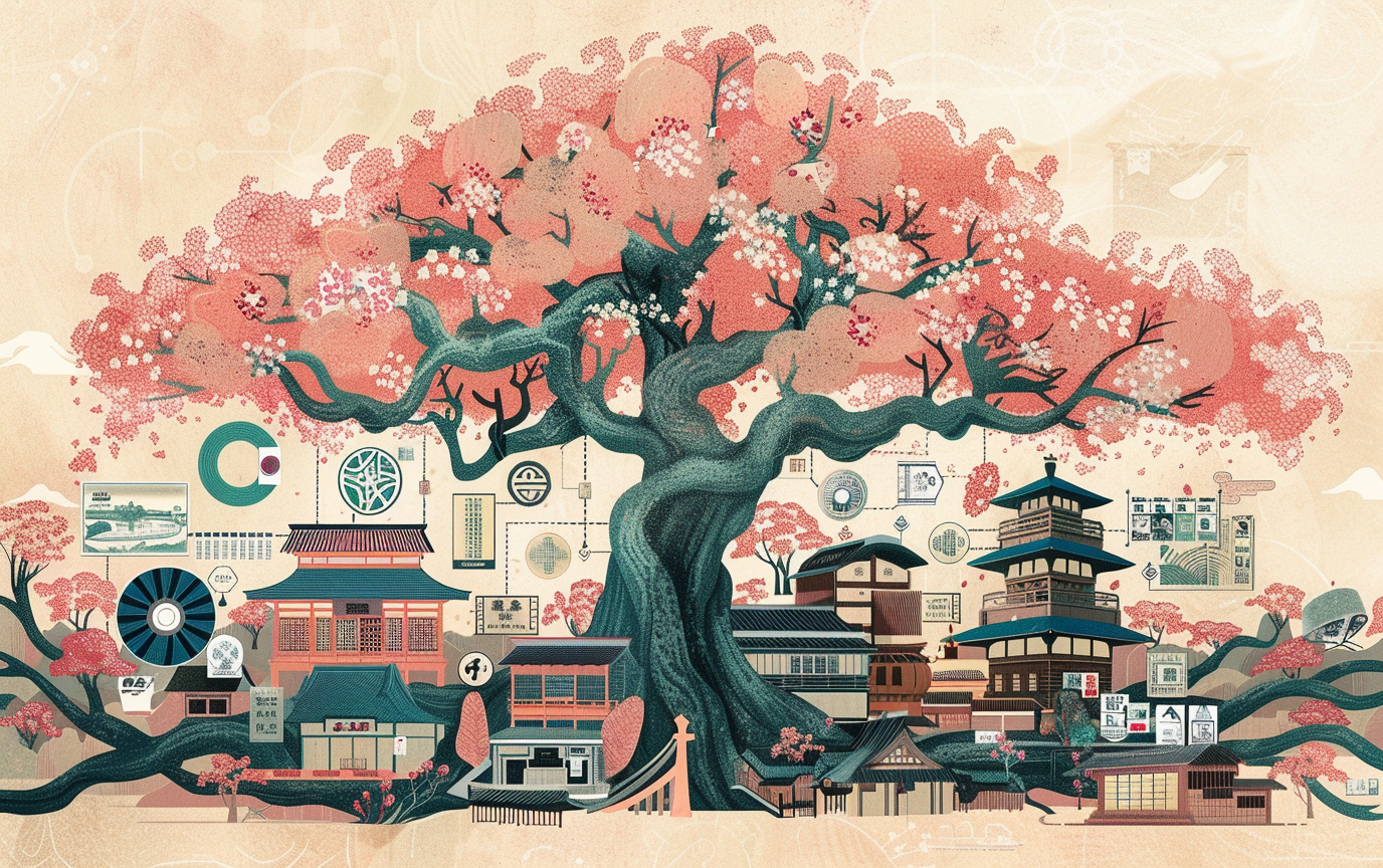 This captivating illustration depicts a vibrant Ja Image of this captivating illustration depicts a vibrant japanese landscape featuring a sprawling cherry blossom tree with intricate branches and pink blooms. below the tree, a traditional village scene unfolds, complete with pagodas and classic architecture. the design includes various cultural and artistic symbols, adding depth