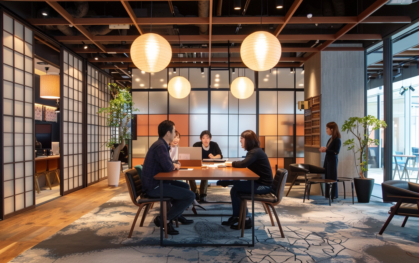 Modern coworking space with a Japanese-inspired de Image of modern coworking space with a japanese-inspired design featuring shoji screen dividers, pendant lighting, and indoor plants. a group of people engages in a collaborative meeting at a central table. the open-plan office atmosphere promotes creativity and teamwork in a stylish,