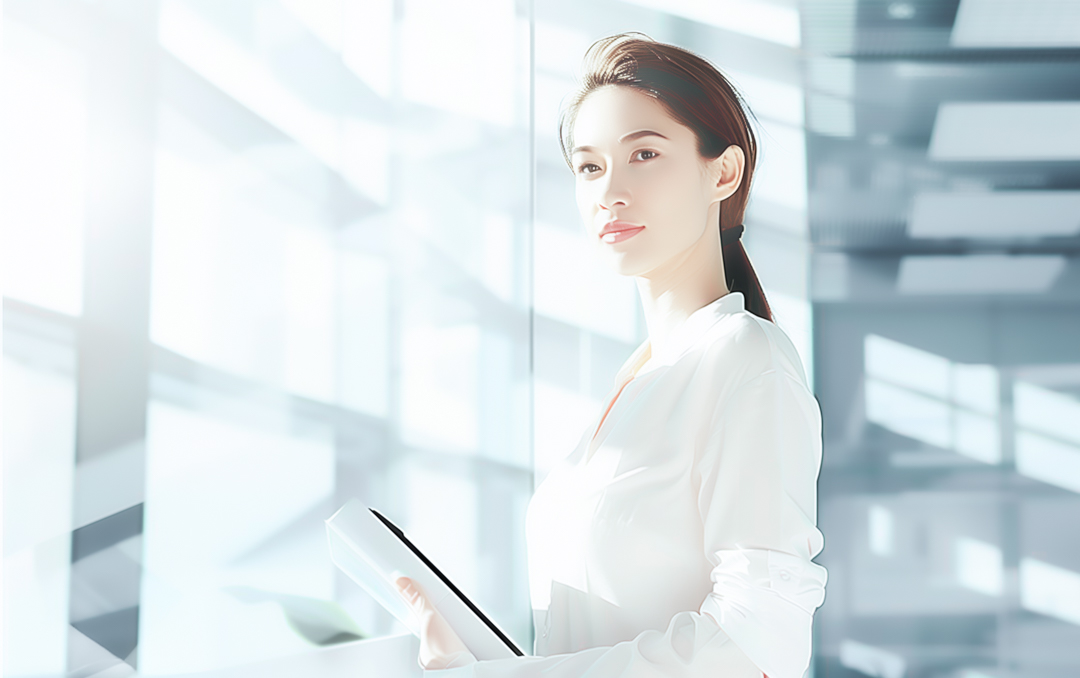 A professional woman stands confidently in a moder Image of a professional woman stands confidently in a modern, sunlit office holding documents. the bright, minimalist workspace features large windows, creating an open and airy atmosphere. ideal for business environments and corporate settings, this image embodies career success and modern office life. keywords