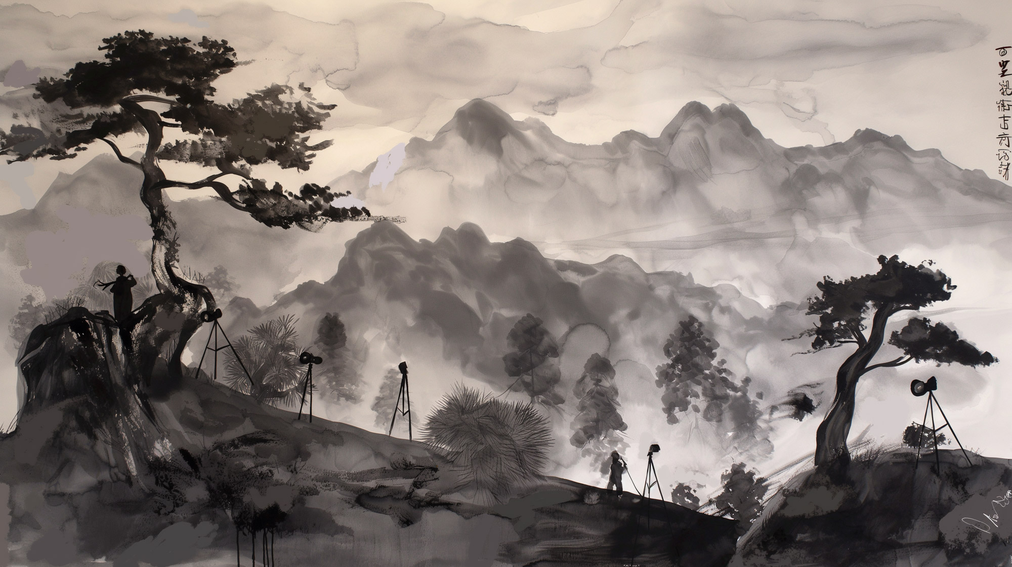 Image of chinese ink wash painting depicting a serene mountain landscape with misty hills and elegant pine trees. a silhouetted figure plays a flute on a cliff, surrounded by traditional chinese scenery. this art piece captures the essence of asian landscape art, combining natural beauty with