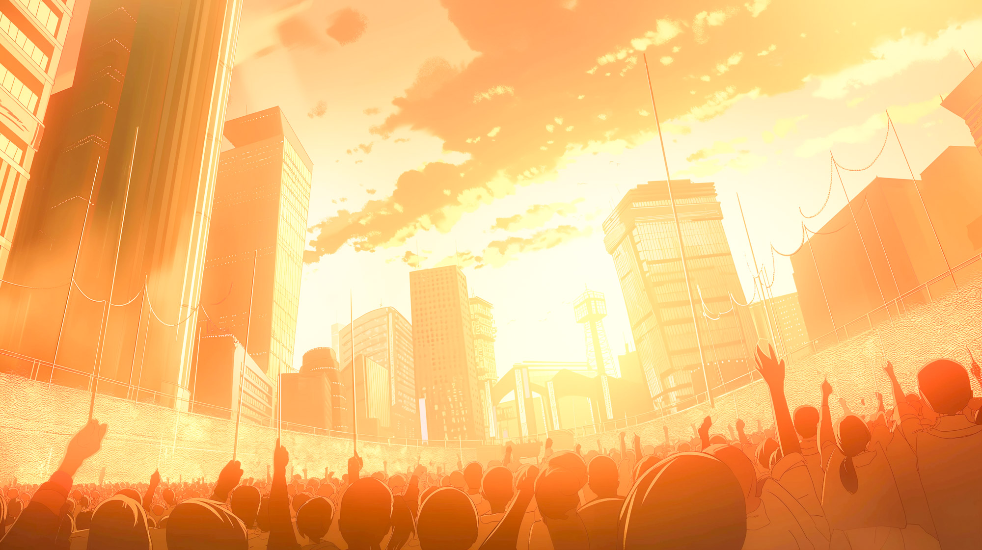 Image of vibrant animated cityscape at sunset, showcasing a crowd of people raising their hands in celebration. the backdrop features modern skyscrapers, creating a dynamic urban atmosphere. perfect for themes of celebration, urban life, and sunset events.