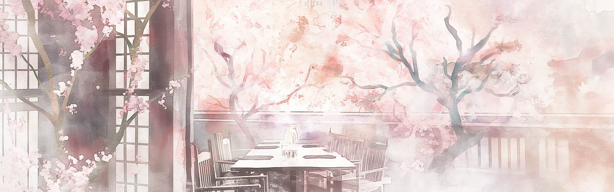 Image of this watercolor painting beautifully captures a serene japanese-inspired dining scene featuring delicate cherry blossom trees. the elegant setting includes a long table with minimalist decor, situated near large windows that invite natural light. the pink and soft pastel hues evoke a sense of tranquility and cultural