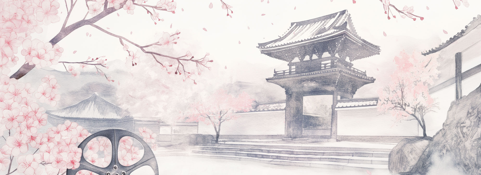 Image of this watercolor illustration features a serene japanese temple surrounded by blooming cherry blossoms. the scene captures the essence of traditional japanese architecture and nature, with a subtle view of mountains in the background. the composition highlights cultural elements and the harmonious blend of natural beauty and historic