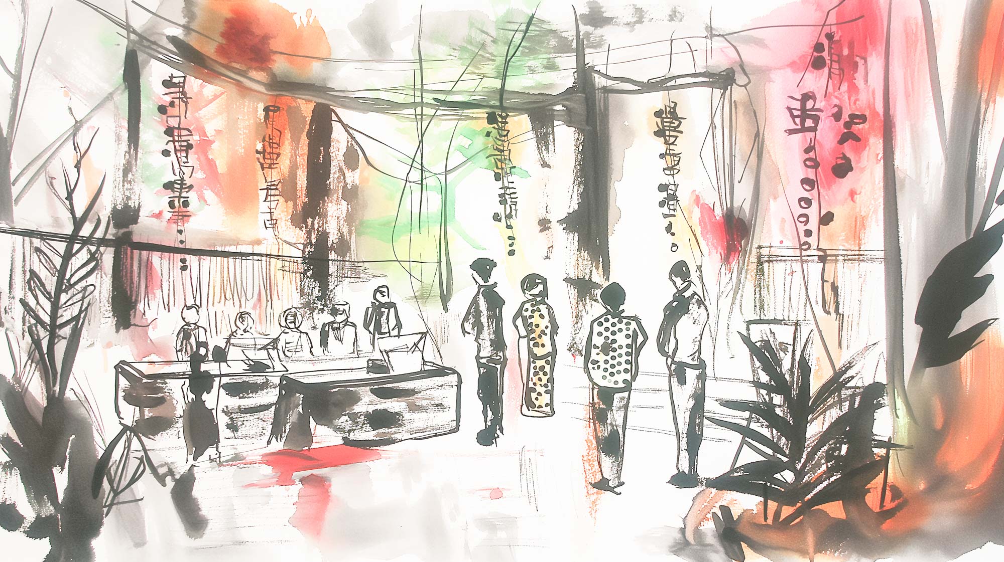 Image of this vibrant illustration depicts a lively cafe scene with people engaging in conversation, surrounded by abstract art and colorful decor. the watercolor style brings a dynamic energy, highlighting the social atmosphere and modern design. indoor plants add a natural touch to this contemporary setting, creating
