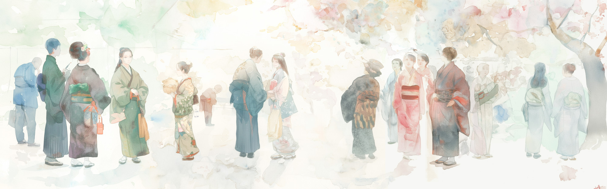 Image of this delicate watercolor painting depicts a serene japanese scene with people wearing traditional kimonos under blooming cherry blossoms. the soft pastel colors and gentle brushstrokes evoke a peaceful atmosphere. keywords: japanese culture, kimono, cherry blossoms, watercolor art, traditional