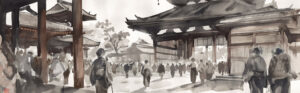 Image of this watercolor painting showcases a bustling scene at a traditional japanese temple, featuring people in kimonos amid historic architecture. the artwork captures the serene yet lively atmosphere, highlighting cultural heritage and eastern architectural design. ideal for lovers of japanese culture and watercolor art.