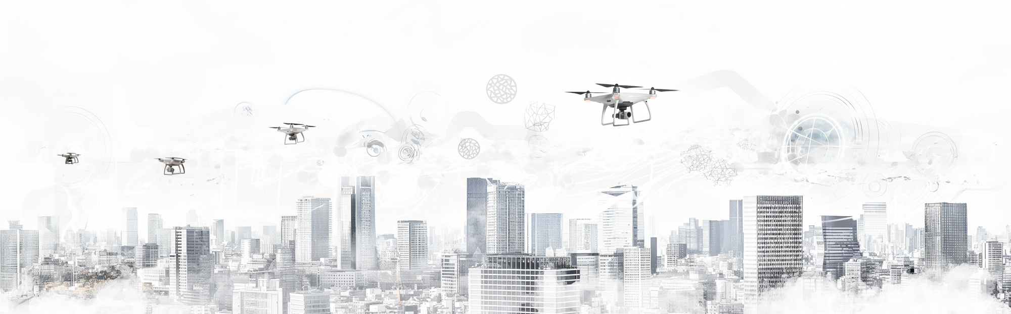 Image of futuristic cityscape with multiple drones flying over high-rise buildings, representing advanced technology and urban innovation. this aerial scene captures the integration of drones in modern cities, showcasing smart city development and the future of urban transportation.