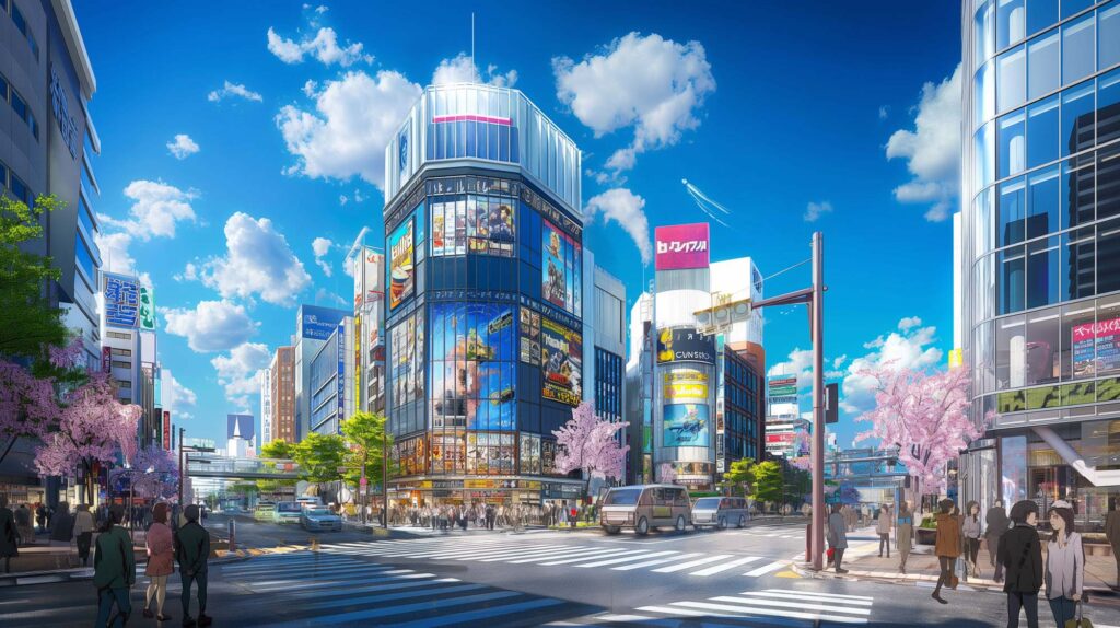 Image of a vibrant, animated urban scene showcases a bustling city intersection under a clear blue sky with fluffy clouds. the area is lined with modern buildings adorned with colorful advertisements and large windows, typical of a lively business district. crowds of pedestrians fill the sidewalks while