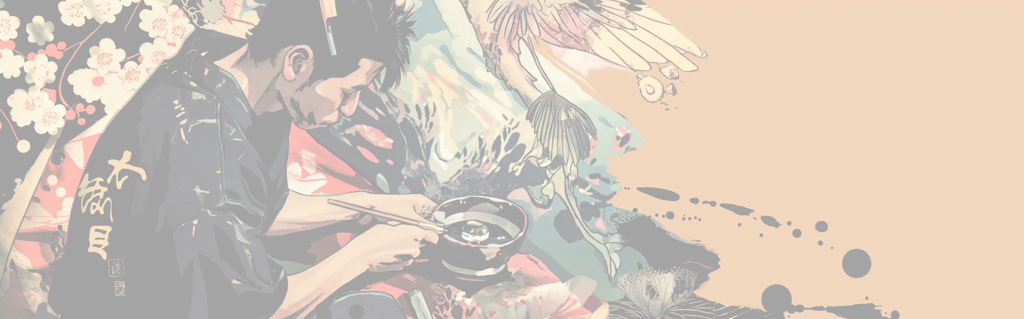 Image of this artistic image depicts a person in traditional japanese attire, engaging in tea preparation, set against a serene background of cherry blossoms and a stylized phoenix. the scene captures the essence of japanese culture and craftsmanship, highlighting themes of tradition, tea ceremony, and