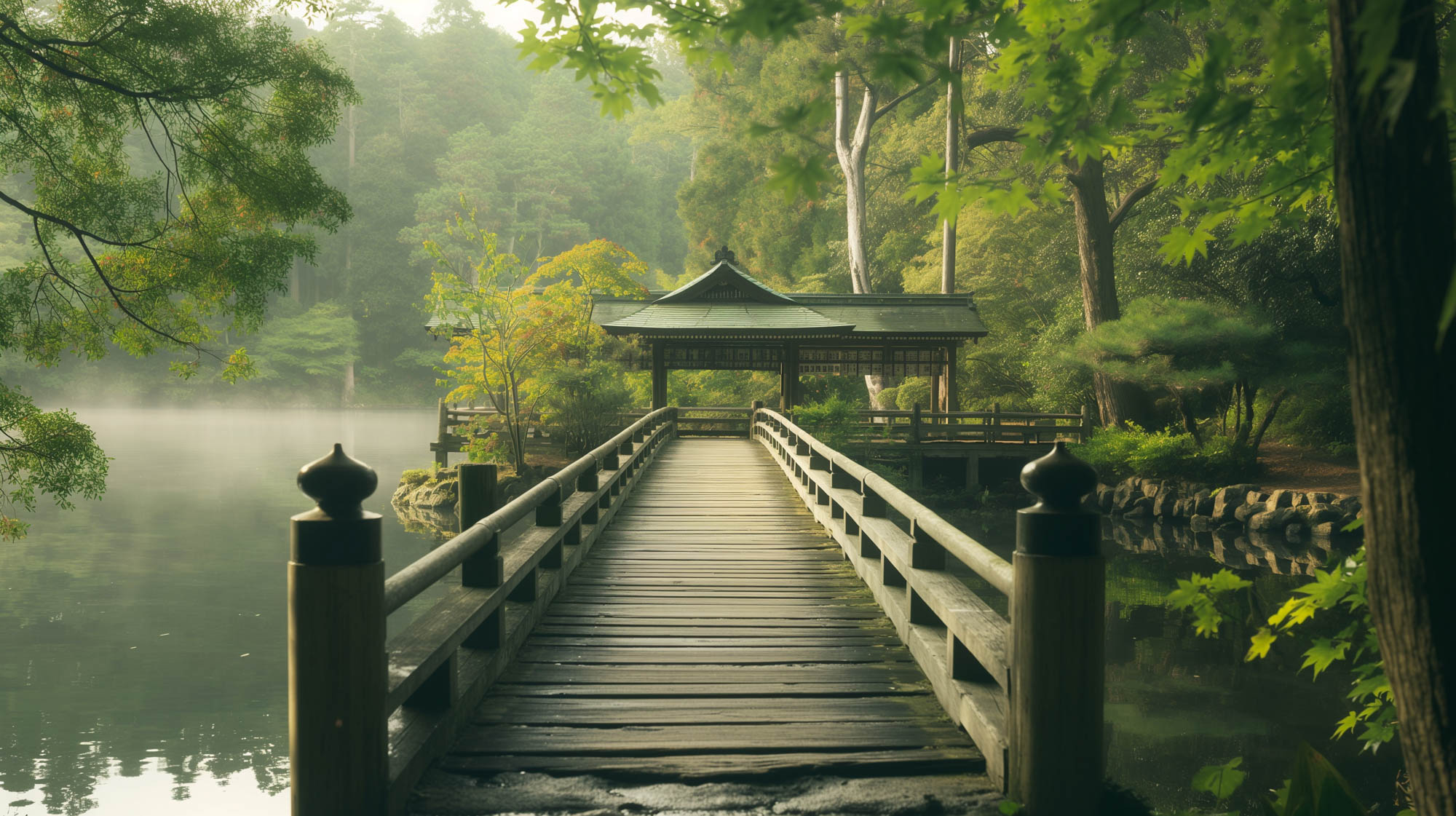 Image of serene view of a traditional japanese garden with a tranquil wooden bridge leading to a pagoda-style gazebo. surrounded by lush greenery and a misty lake, this peaceful setting embodies the essence of zen and nature's beauty. ideal for travel enthusiasts and