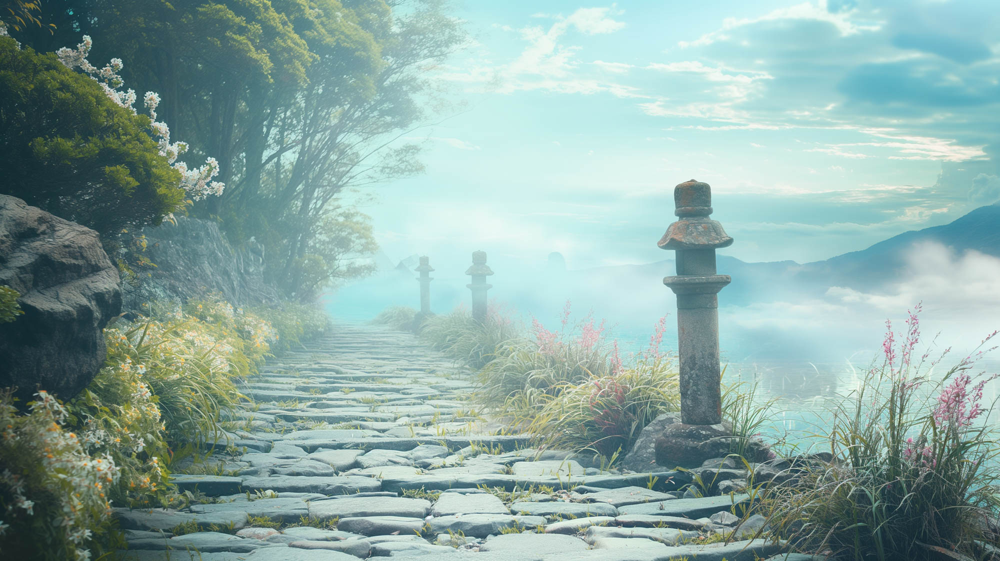 Image of serene mountain pathway adorned with traditional stone lanterns, surrounded by lush greenery and colorful wildflowers. misty clouds roll over distant hills, creating a tranquil and picturesque landscape reminiscent of ancient japanese gardens. ideal setting for nature lovers seeking peace and inspiration amidst