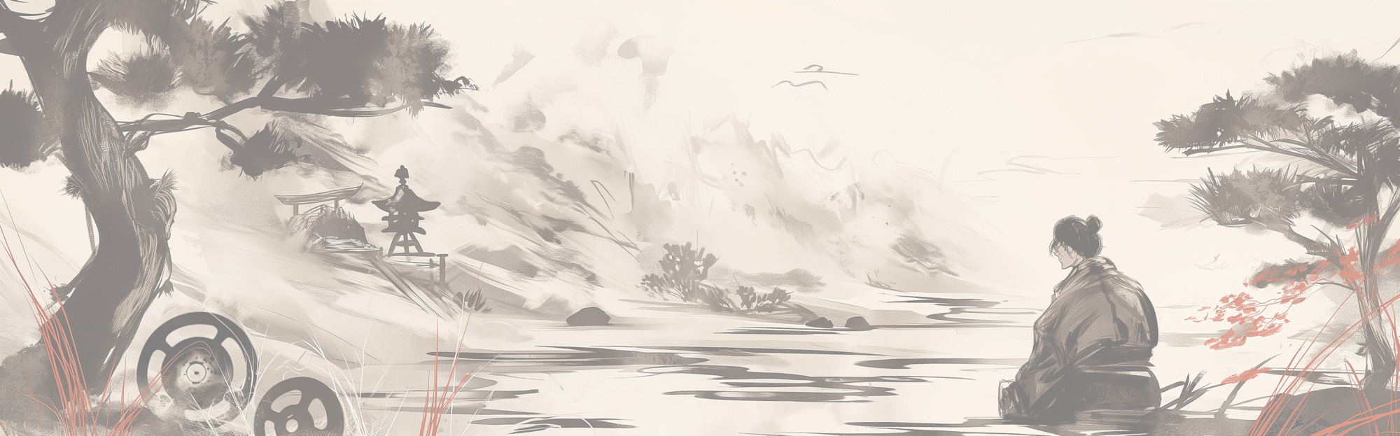 Image of serene japanese landscape painting featuring a tranquil river scene with a samurai figure seated by the water's edge. the peaceful setting includes lush trees, a traditional pagoda, and distant mountains, evoking a sense of calm and reflection. perfect for fans