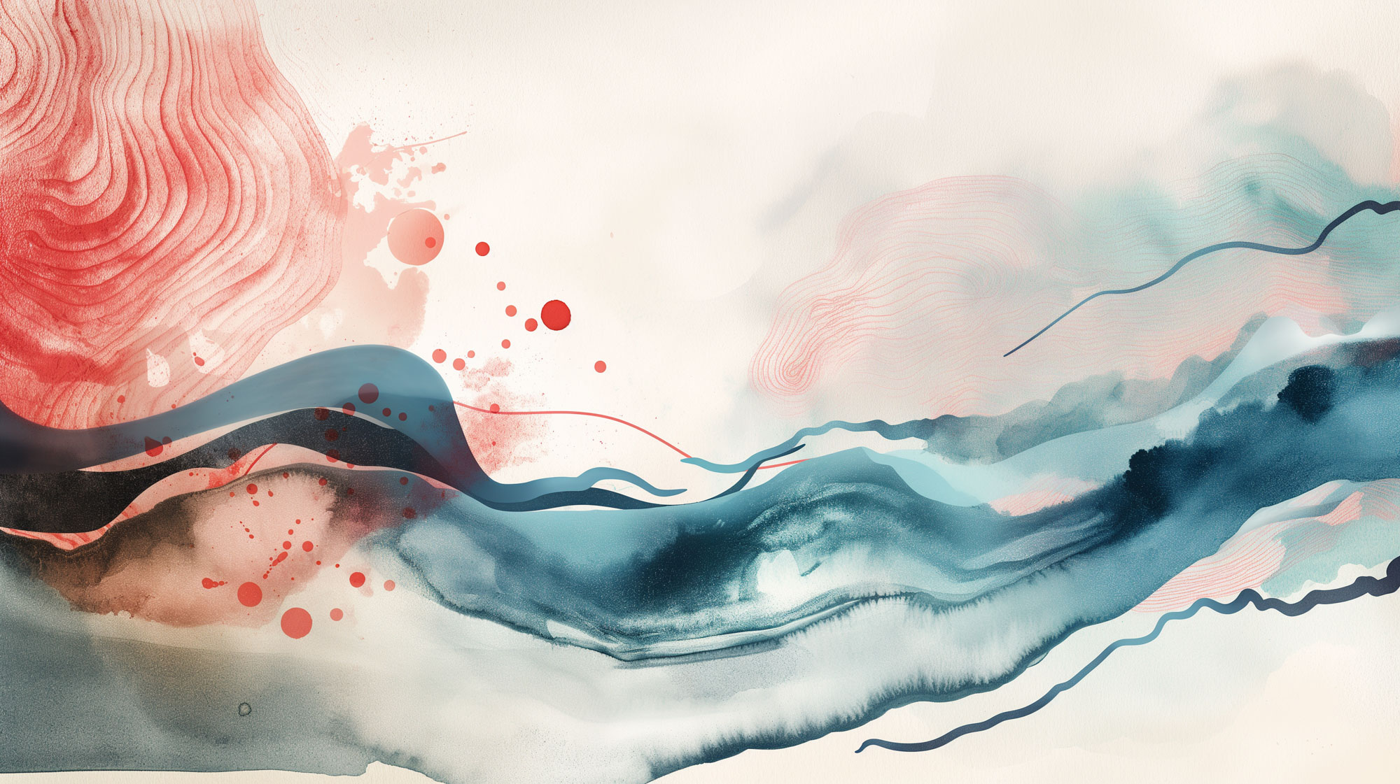Image of abstract watercolor painting featuring flowing, organic lines and forms in shades of blue, red, and beige. the delicate brush strokes create a sense of movement and calmness, reminiscent of natural landscapes or ocean waves. perfect for art enthusiasts seeking contemporary and expressive artwork