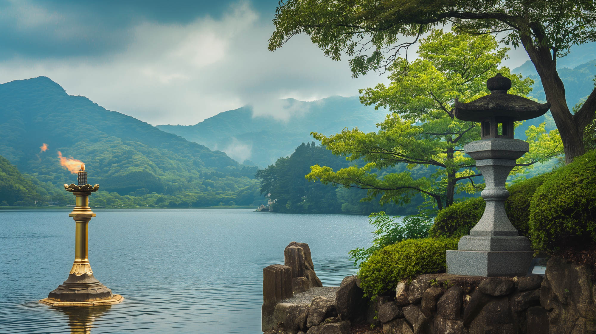 Serene Japanese landscape featuring a tranquil lak Image of serene japanese landscape featuring a tranquil lake with a traditional stone lantern and a burning torch. surrounded by lush greenery and misty mountains in the background, this scene captures the essence of nature's beauty and japanese culture, ideal for exploring travel and photography