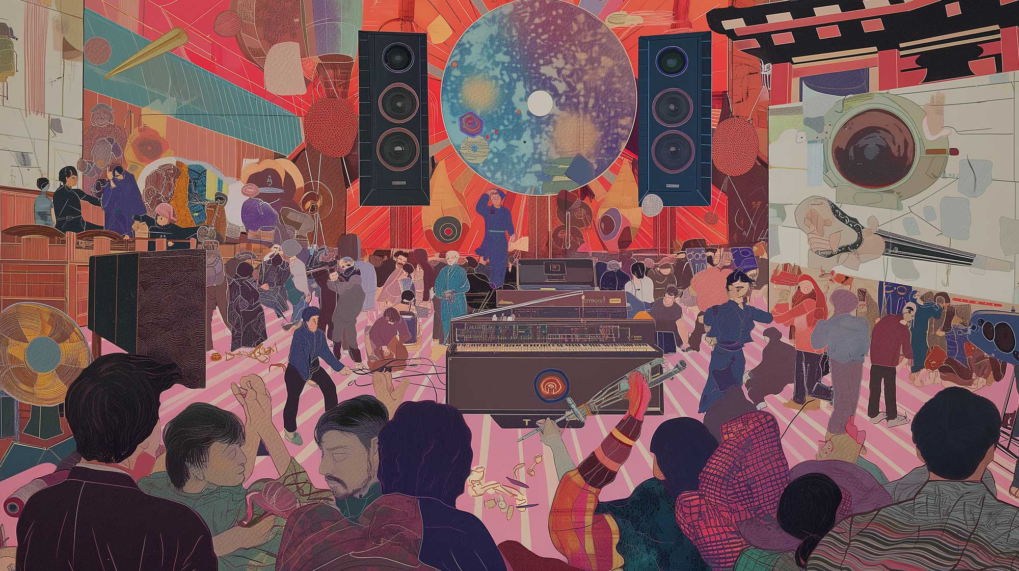 This vibrant digital art scene depicts a bustling Image of this vibrant digital art scene depicts a bustling indoor event with diverse crowds enjoying music and cultural activities. central to the composition are large speakers and eclectic elements like traditional attire and modern electronics, set within a lively, dynamic space. the artwork's rich color palette