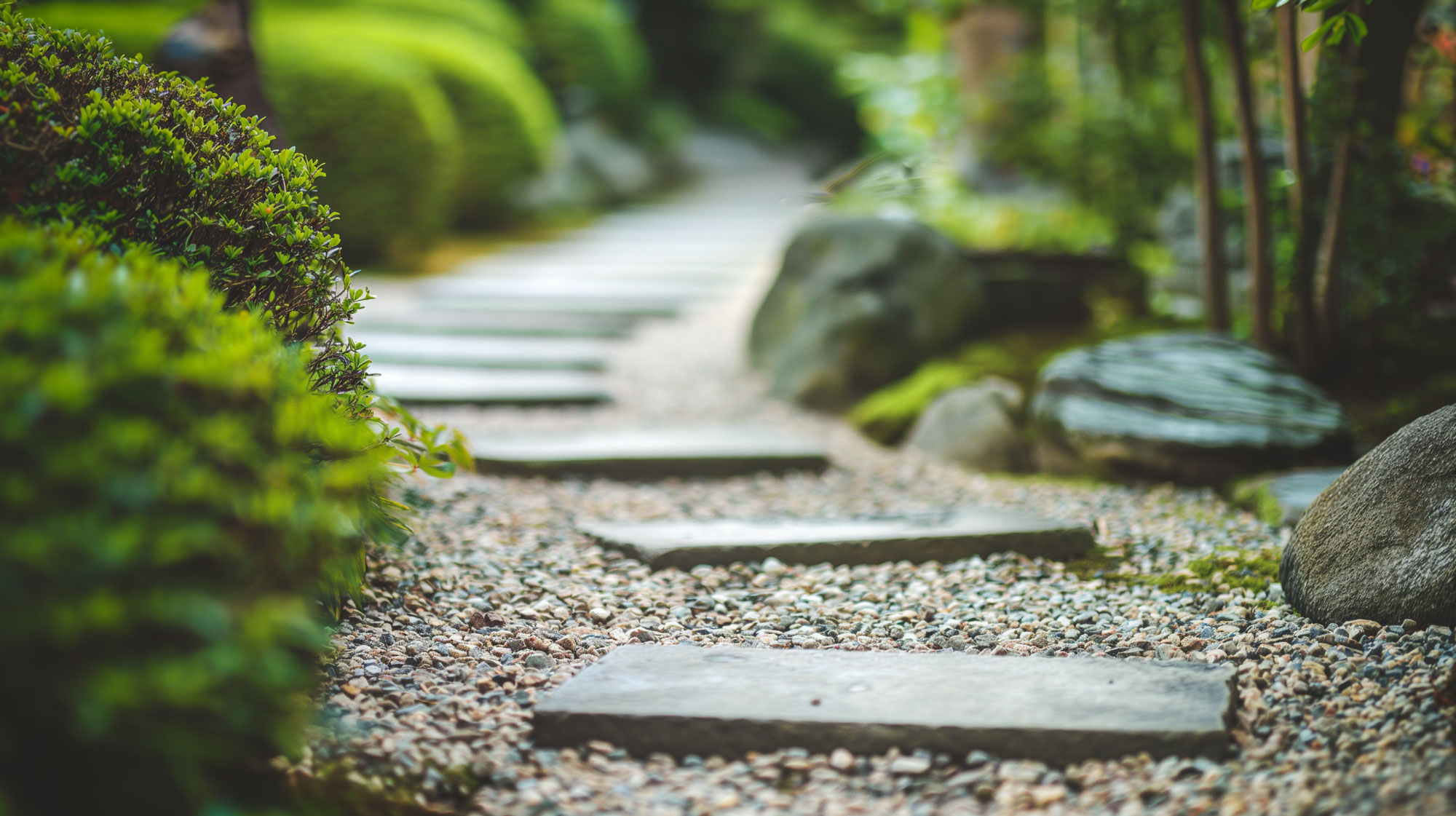 Serene Japanese garden path with stone steps, surr Image of serene japanese garden path with stone steps, surrounded by lush greenery and trimmed shrubs. the tranquil setting is ideal for relaxation and meditation. perfect example of zen landscaping design, emphasizing simplicity and nature.
