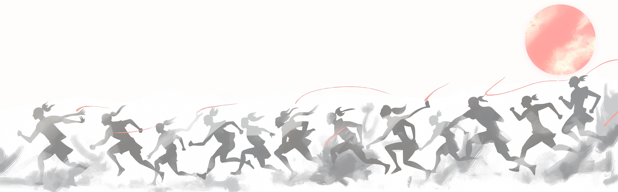 Image of this image features a dynamic illustration of silhouetted figures running energetically across a sandy landscape under a large, pale pink sun. the abstract composition highlights motion and activity, capturing the essence of a marathon or race scene. the minimalist design uses grayscale tones with