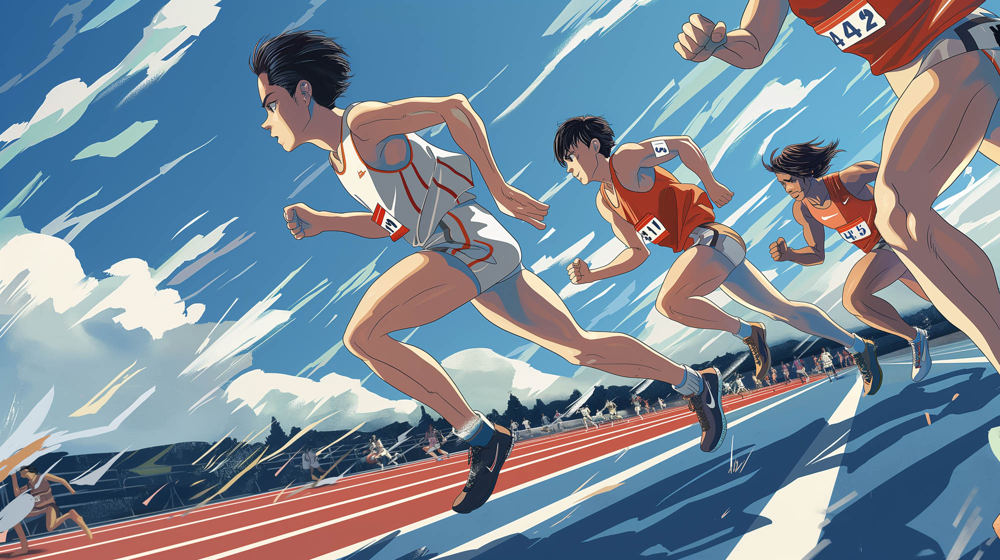 Anime-inspired illustration of a track and field r Image of anime-inspired illustration of a track and field race, featuring dynamic athletes sprinting on a red track under a vibrant blue sky with scattered clouds. the scene captures the intensity and athleticism of a competitive running event, emphasizing motion and speed. ideal for keywords