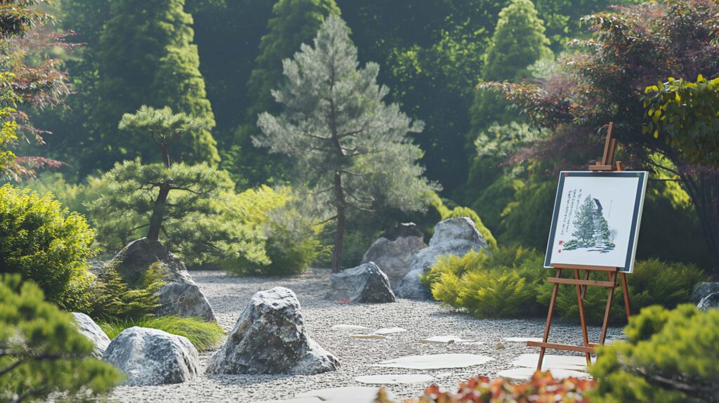 Image of a serene japanese zen garden scene featuring tranquil landscaping with meticulously placed rocks, vibrant green trees, and lush foliage. the peaceful setting is complemented by an easel holding an oriental-style painting, capturing the garden's essence. ideal for keywords like "zen garden