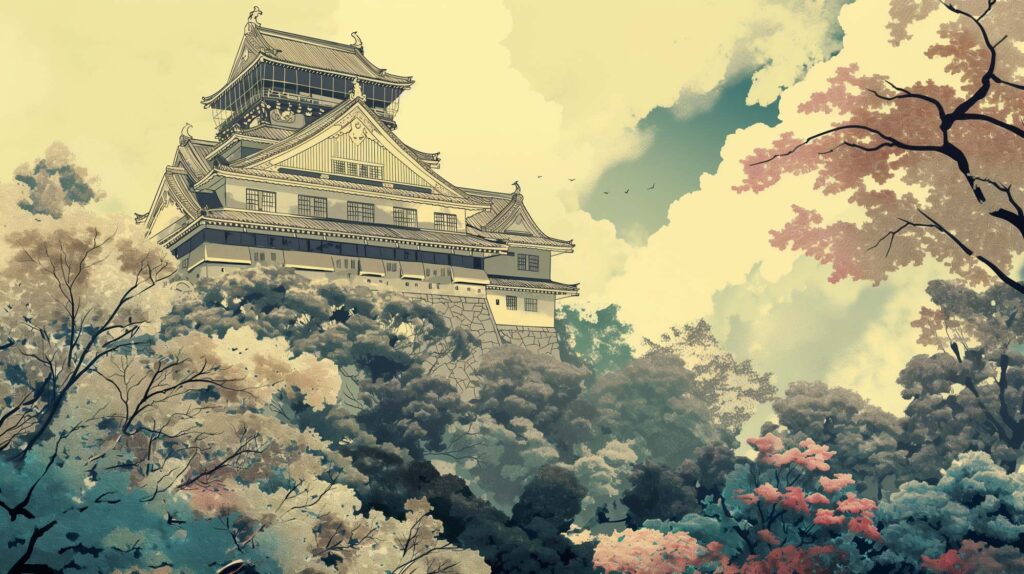 Image of illustration of a traditional japanese castle set amidst vibrant, blossoming trees against a cloudy sky. the scene captures the essence of japanese architecture, showcasing intricate roof designs and a majestic, historical ambiance. perfect for exploring cultural tourism, japanese heritage, and traditional