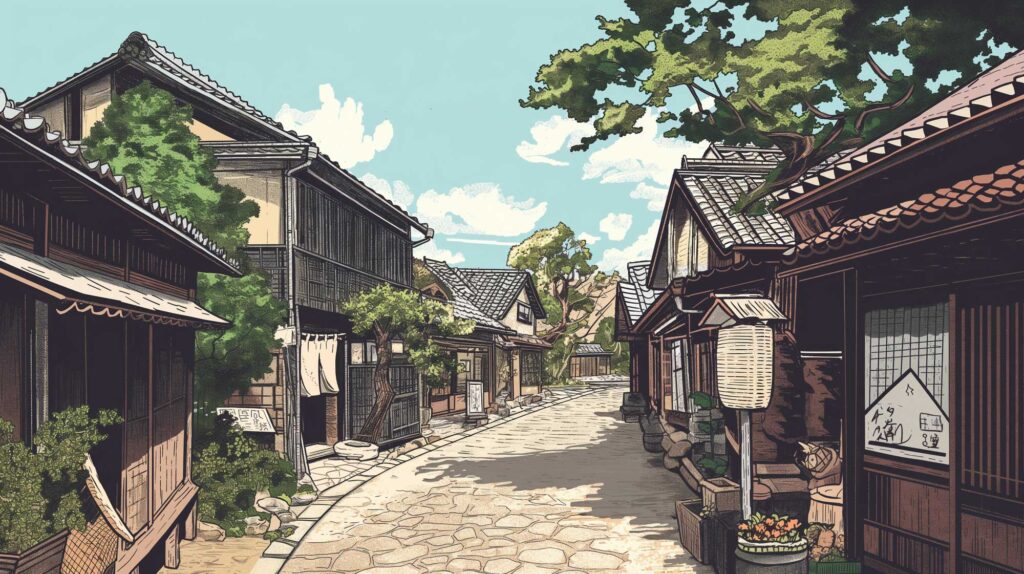 Image of this image depicts a tranquil, traditional japanese village street, featuring rustic wooden buildings with tiled roofs and lush greenery. the cobblestone path meanders through the scene, creating a peaceful and picturesque setting. ideal for those interested in japanese culture and architecture.