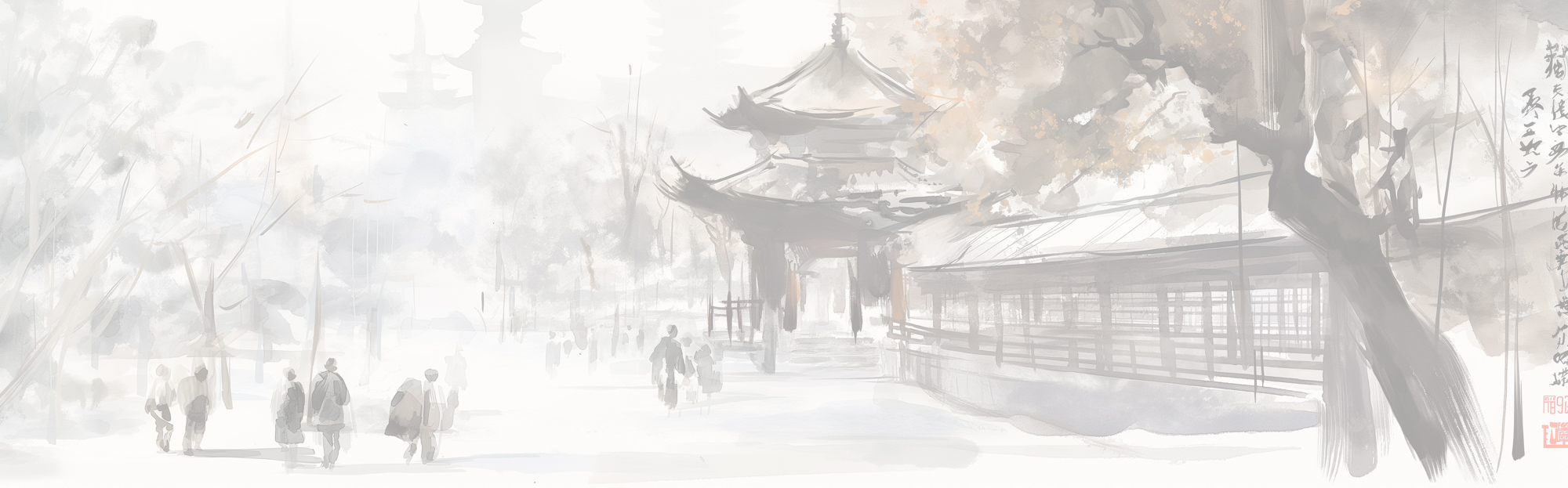 Image of this image features a serene watercolor painting of a traditional japanese temple scene. the artwork highlights elegant temple structures with curved roofs and delicate details, surrounded by soft, misty foliage, exuding an ethereal atmosphere. figures walk along a gentle path, emphasizing