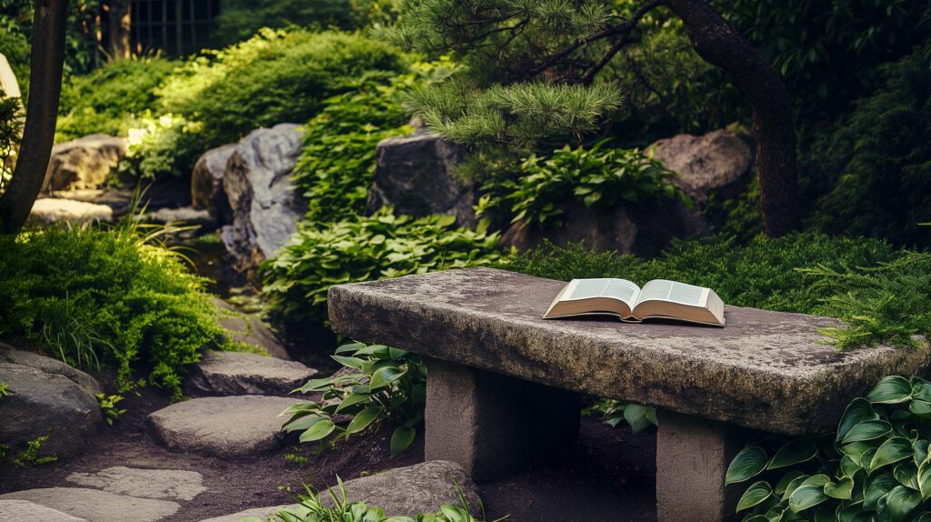 Image of serene garden scene featuring an open book on a stone bench surrounded by lush greenery and vibrant foliage. ideal setting for relaxation, reading, and enjoying nature's tranquility. perfect keywords: garden, outdoor, nature, book, relaxation, tranquility.