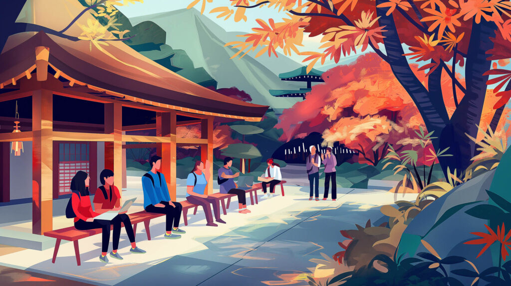 Image of illustration of a serene japanese garden in autumn, featuring vibrant fall foliage and a traditional wooden structure. the scene includes people relaxing and interacting in the tranquil park, surrounded by colorful maple trees and lush greenery. ideal for keywords: japanese garden, autumn scenery