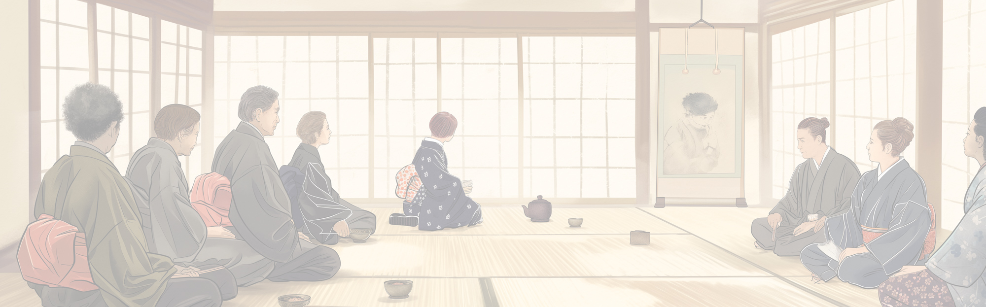 Image of this image illustrates a traditional japanese tea ceremony, featuring people dressed in kimono, seated on tatami mats in a serene, minimalist room. the scene exudes a sense of harmony and cultural elegance, with focus on the ceremonial tea utensils and decor.
