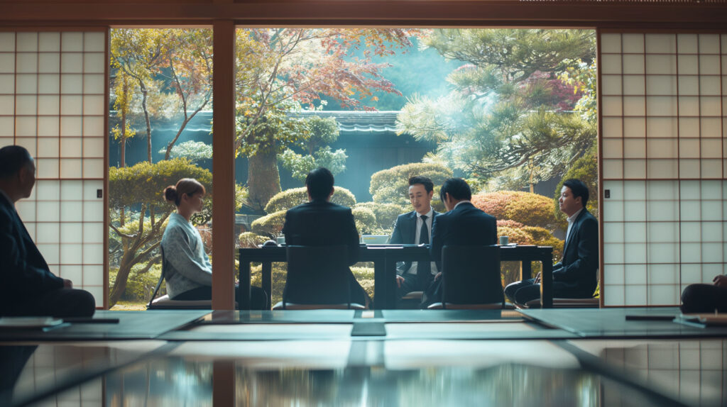 Image of meeting in a traditional japanese room with shoji screens, overlooking a beautiful zen garden. business professionals in suits are engaged in discussion, surrounded by vibrant autumn foliage. japanese architecture, professional meeting, serene garden setting.