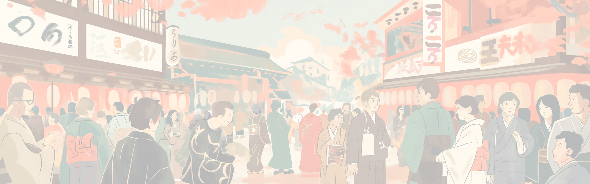 Image of illustrated scene featuring a bustling japanese street market filled with people in traditional clothing, surrounded by vibrant cherry blossoms. the atmosphere captures the essence of a lively cultural festival, with banners displaying japanese characters and iconic architecture in the background. perfect depiction of japanese culture