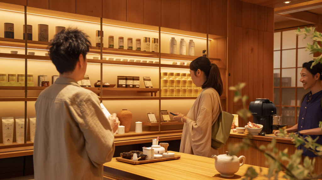 Image of a cozy japanese tea shop interior featuring customers exploring a variety of traditional tea products on wooden shelves. the warm lighting and wooden decor create a calming, authentic ambiance. this inviting tea shop scene captures elements of japanese culture and lifestyle, ideal for relaxing and enjoying