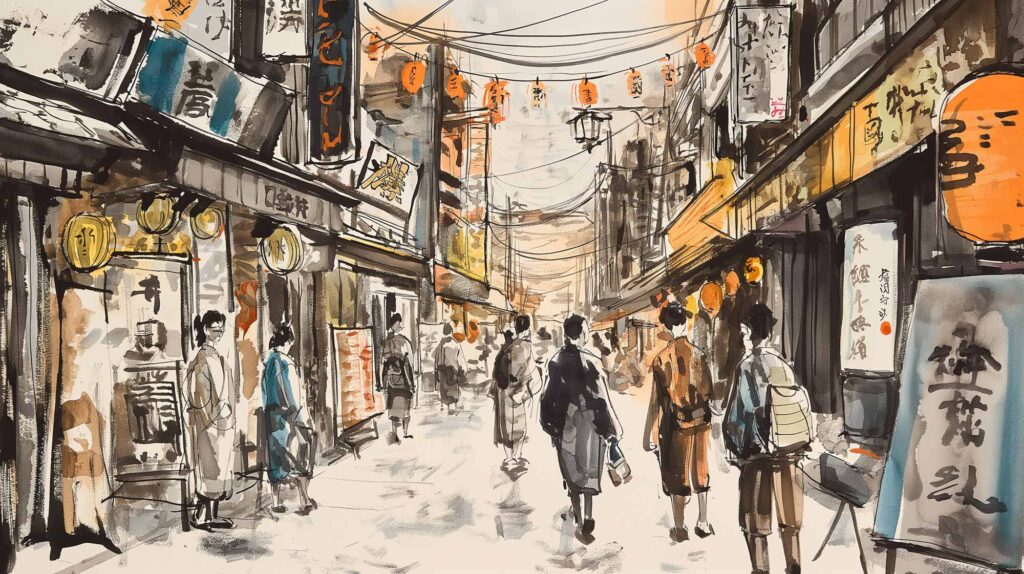 Image of watercolor painting of a bustling japanese street scene, capturing a vibrant marketplace ambiance. the artwork features traditional japanese architecture, with signs and lanterns in kanji, and people wearing casual and traditional attire. this urban landscape reflects the cultural essence of japan,