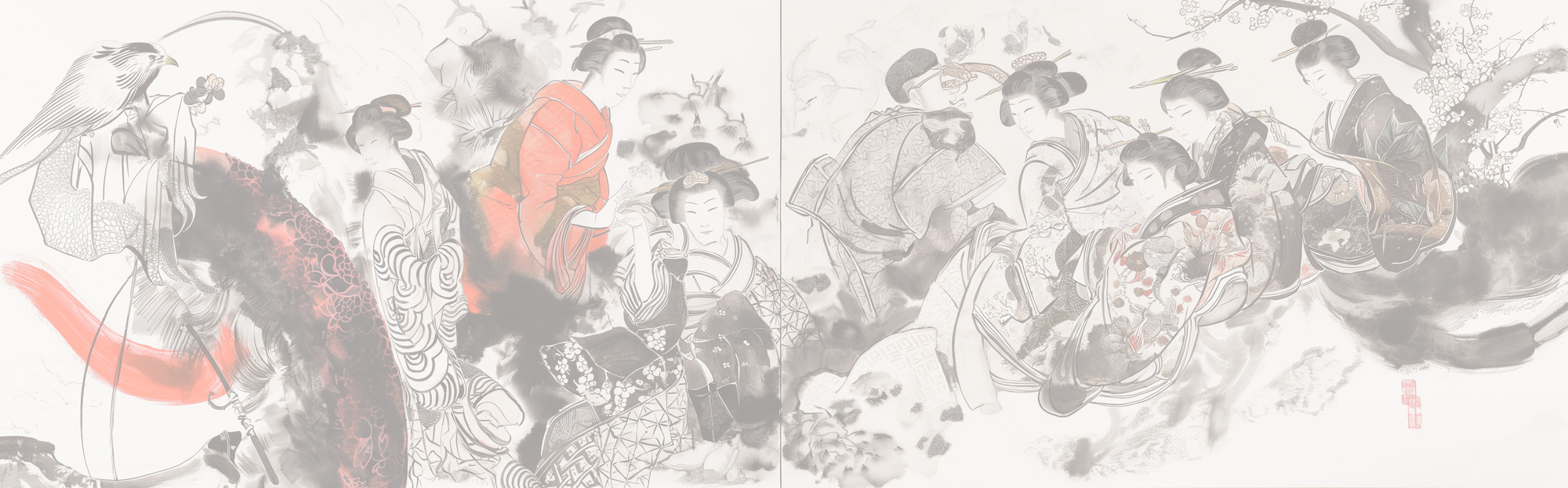 Image of this image captures a traditional japanese art scene featuring elegantly dressed figures in kimono, showcasing exquisite details in a harmonious blend with nature elements like birds and cherry blossoms. the artwork reflects cultural themes and aesthetic elegance typical of japanese heritage. perfect for those interested in