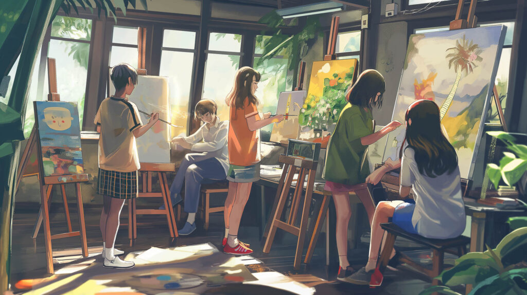 Image of a group of students is engaged in painting activities in a sunlit art classroom. the room is filled with natural light streaming through large windows, highlighting their creative efforts on easels. lush green plants add a vibrant touch to the artistic setting, capturing