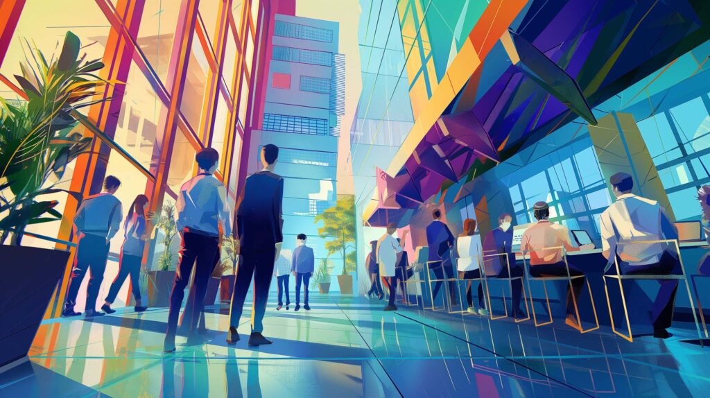 Image of modern office lobby with vibrant colors and large glass windows, featuring business professionals engaged in conversations and working on laptops. the scene highlights urban workspace innovation, emphasizing a dynamic, collaborative environment. ideal for insights on contemporary office design trends and productivity spaces.