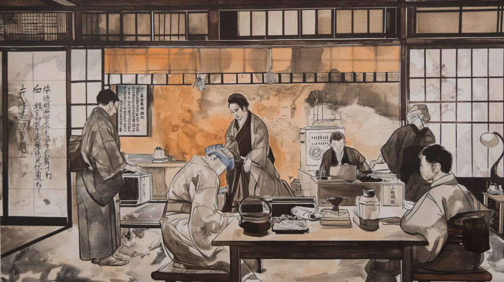 Image of the image depicts a traditional japanese tea room scene featuring individuals in historical attire engaging in various activities. the setting is characterized by tatami mats, wooden furniture, and sliding shoji screens. key elements include teapots, tea cups, and japanese call
