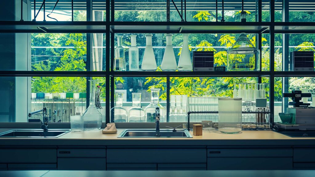 Image of a modern laboratory interior featuring a row of glassware and scientific equipment against large windows. the scene includes beakers, flasks, and a microscope, with natural light streaming in through the greenery outside. ideal keywords: laboratory interior, scientific equipment, glass