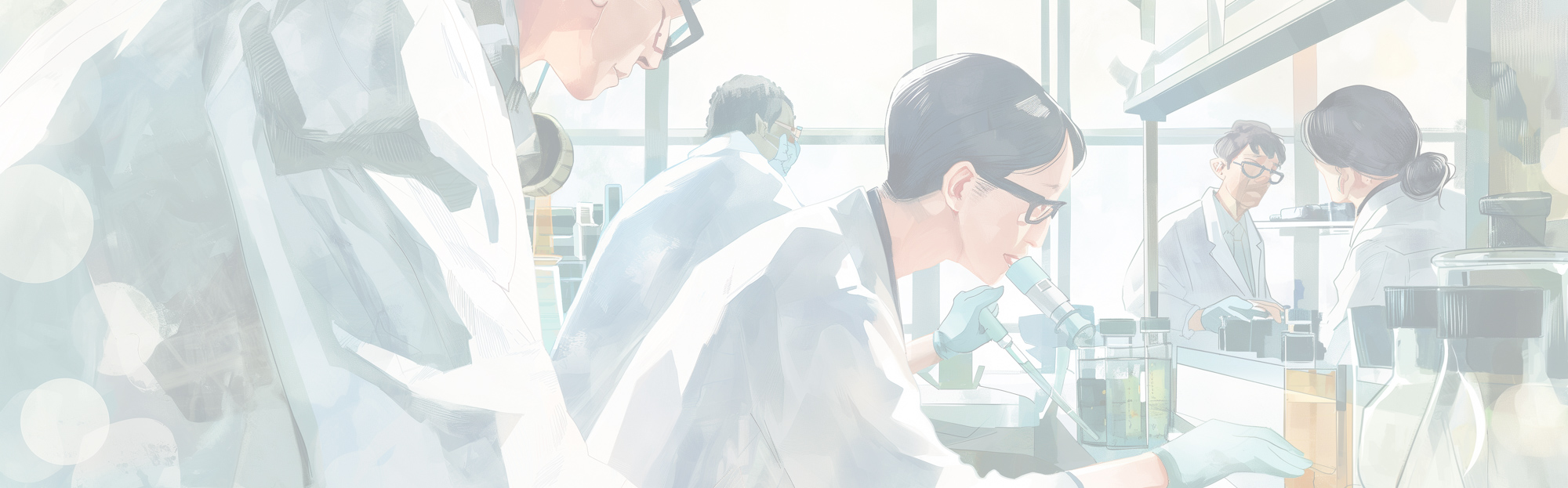 Image of a team of scientists actively working in a modern laboratory, focused on research and experiments. the scene includes researchers in lab coats using microscopes and various equipment, emphasizing the theme of scientific innovation and teamwork. the bright and airy laboratory setting highlights a clean,