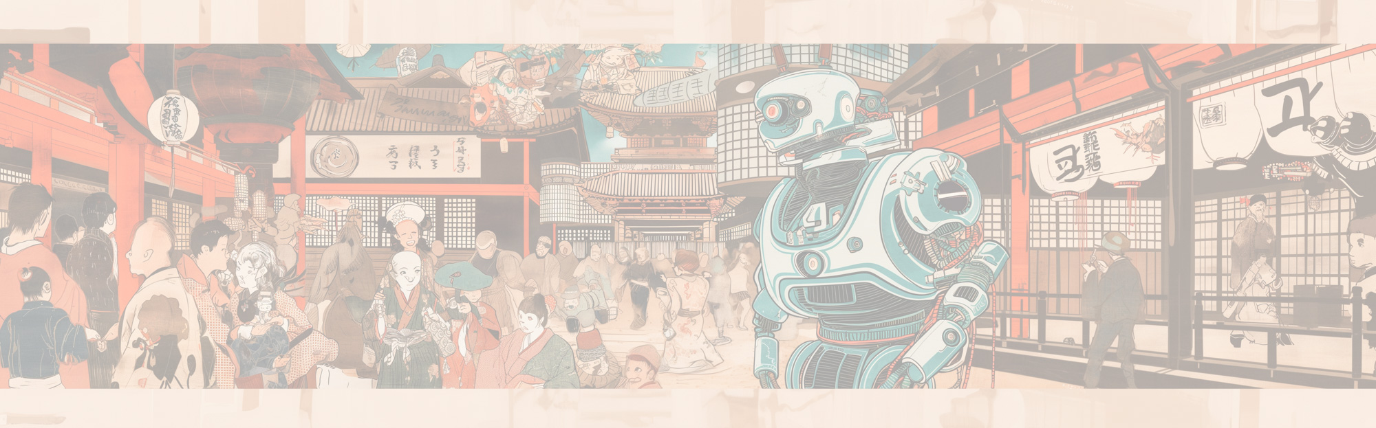 Image of a futuristic robot wanders through a bustling japanese street in this vibrant ukiyo-e style illustration. the scene blends traditional japanese culture with advanced technology, showcasing a lively market atmosphere filled with people in traditional attire. keywords: futuristic robot, japanese street, uki