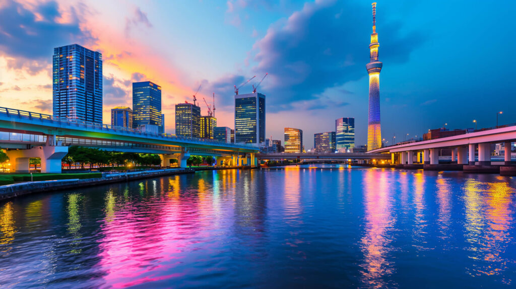 Image of experience the vibrant tokyo skyline at dusk, featuring the iconic tokyo skytree illuminated against a stunning sunset. the cityscape includes modern skyscrapers and a serene river, reflecting colorful lights for a picturesque urban scene. ideal for travel enthusiasts exploring japan and breathtaking