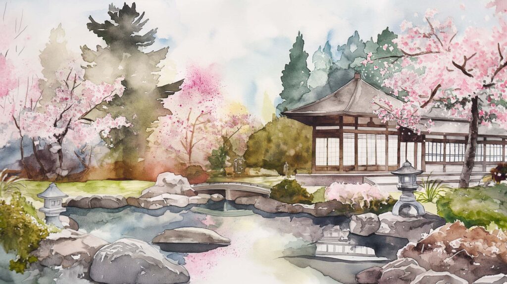 Image of this captivating watercolor painting depicts a serene japanese garden scene, featuring a traditional wooden pagoda, a tranquil pond, and lush cherry blossom trees. accentuated by the delicate shades of pink blossoms and the reflection in the water, this artwork captures the essence