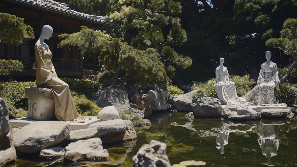 Image of this serene scene features elegantly dressed mannequins in traditional attire, positioned in a tranquil japanese garden. the setting includes a lush landscape with neatly trimmed foliage, rocks, and a reflective pond, creating a harmonious balance of nature and art. the wooden architecture