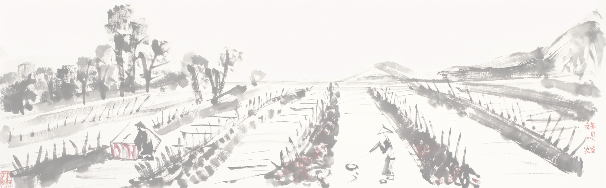 Image of this serene ink wash painting captures a tranquil rural landscape, featuring rice paddies and a solitary figure working in the fields. the minimalist black and white composition, accented with subtle shades of red, highlights traditional asian art techniques. trees and gently rolling hills frame