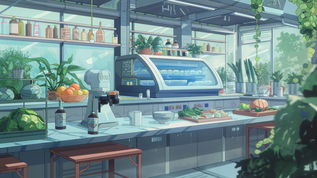 Image of bright and modern cafe kitchen interior with vibrant plants and fresh produce, including leafy greens, citrus fruits, and a pumpkin. a counter featuring a sleek mixer, beverage bottles, and a refrigerated display case filled with food items enhances the inviting atmosphere. ideal for