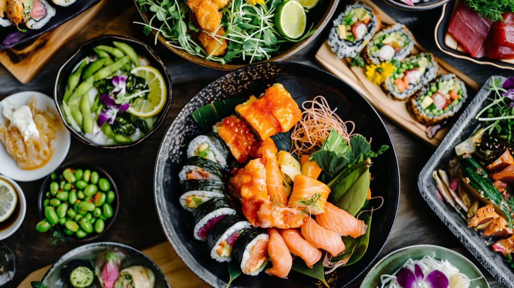 Image of this image showcases a vibrant assortment of fresh sushi and sashimi, featuring salmon, rice rolls, and roe elegantly arranged on a dark platter. surrounded by dishes of edamame, salad, and pickled vegetables, this japanese cuisine display highlights a