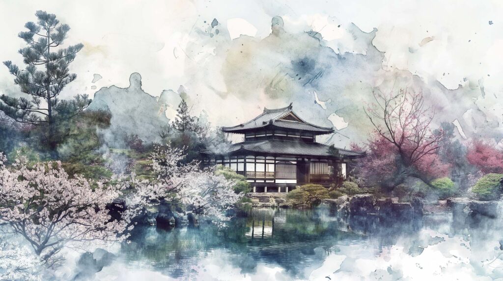 Image of this watercolor-style image captures a serene japanese garden with a traditional pagoda beside a tranquil pond. cherry blossom trees in full bloom and lush greenery provide a picturesque spring setting, embodying zen tranquility and natural beauty. ideal for themes related to japanese architecture,