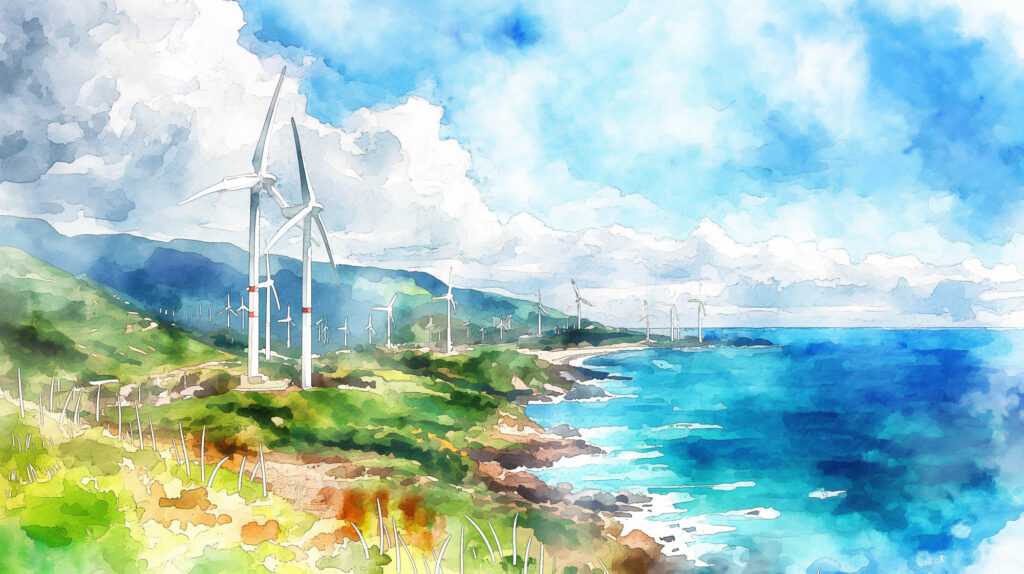 Image of watercolor painting of a scenic coastal landscape featuring wind turbines on a lush green hillside. the image captures renewable energy and sustainability themes, with a clear blue ocean meeting the vibrant sky. ideal for eco-friendly and environmental keywords.