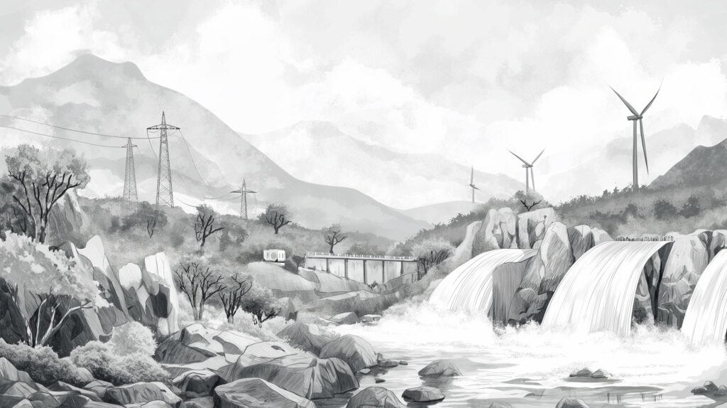 Image of a scenic black-and-white illustration depicts a serene landscape with a flowing river and cascading waterfalls surrounded by rocky terrain. in the backdrop, wind turbines and power lines are visible, integrating elements of nature with renewable energy sources. this image highlights the harmony between natural
